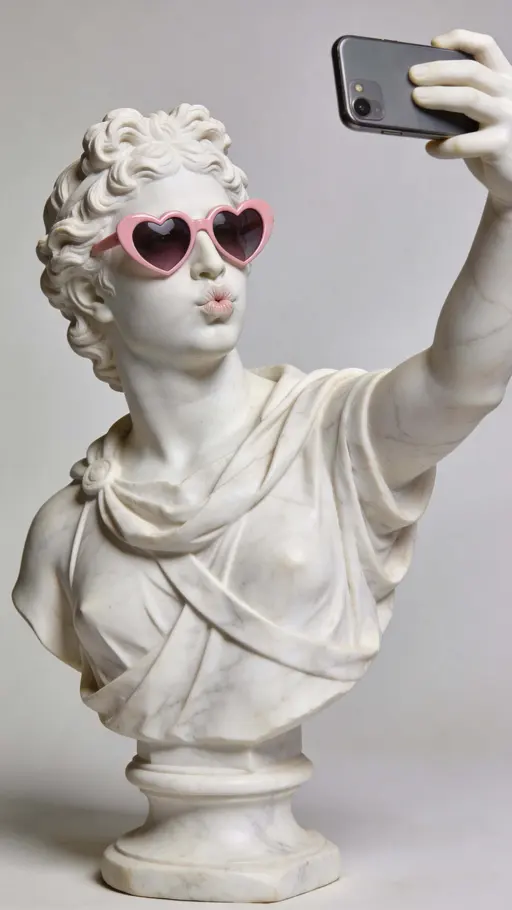 A photorealistic white marble statue of a regal ancient figure puckering its lips in a duck-face selfie while wearing pink heart-shaped sunglasses and holding a smartphone against a clean minimalist background.