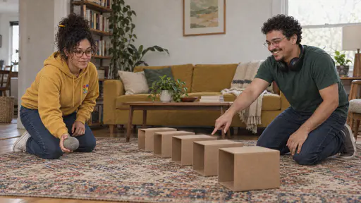A woman with round glasses and a curly bun holds a round grey stone ready to roll while a tall man with round glasses and headphones round his neck points at the middle of a row of five cardboard boxes laid on their sides on a rug.