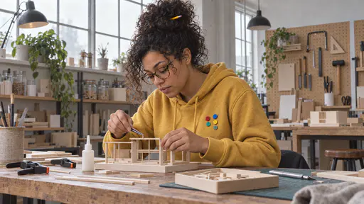 A woman with round tortoiseshell glasses and a curly black bun with a pencil in it bends over a small wooden model kit gluing a thin strut into place with tweezers at a long worktable beside clamps and a tray of tiny parts in bright window light.
