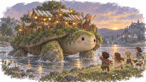 A vast gentle moss-backed shell-beast as large as a hill wades out of a shallow river onto a grassy bank at dusk carrying striped awnings, stacked crates and lanterns on its shell while a grey-braided stallholder in a red apron waves from the edge.