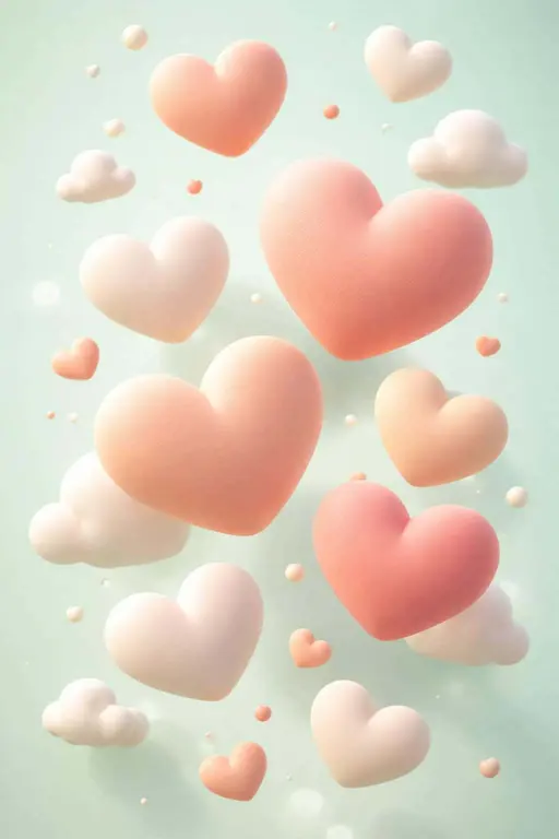 Inflated marshmallow-like hearts in matte peach and cream float upward through a pastel mint void in a tactile claymorphism portrait, playful and romantic.