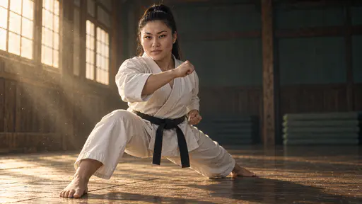 A powerfully built woman with a high black ponytail in a plain white martial-arts jacket with a black belt, barefoot on a wooden dojo floor in a deep stance with one fist forward and the other at her hip, dust in tall window light behind her.