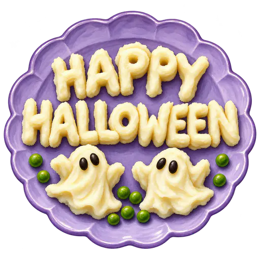 An isolated painted lavender scalloped plate holds ivory mashed potato letters reading HAPPY HALLOWEEN, two potato ghosts with olive eyes and green peas on a transparent background.