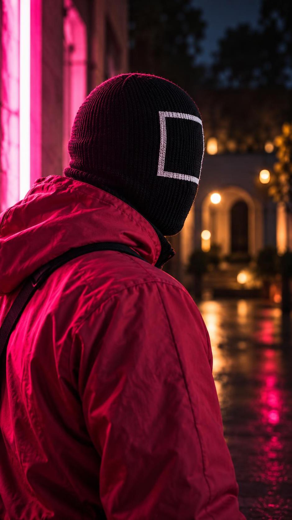 A person in a pink-red jacket seen from the side and behind wearing a black knit mask with a white square outline.