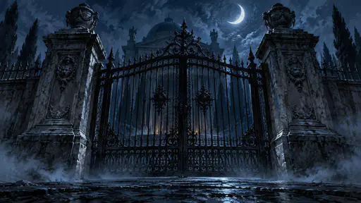 A large iron gate between stone pillars under a crescent moon.