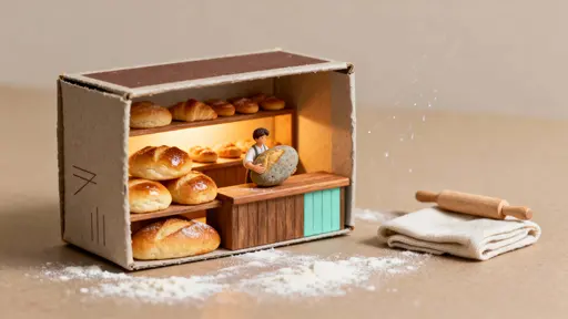 An opened matchbox reveals a glowing miniature bakery filled with tiny pastries and a diminutive figure holding a pebble-sized bread roll, rendered with warm, intimate light.