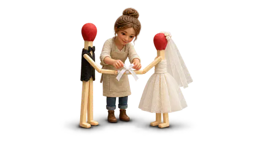 Matchmaker: macro miniature photograph of a tiny craftsperson tying two matchstick wedding figures together with a white ribbon bow, red match heads face to face, isolated on transparency.