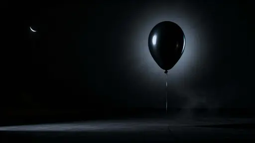 A matte-black teardrop balloon drifts from the lower-right toward center in 16:9, rim-lit by a cool crescent revealing soft rubber texture that fades into velvety shadow with subtle haze.