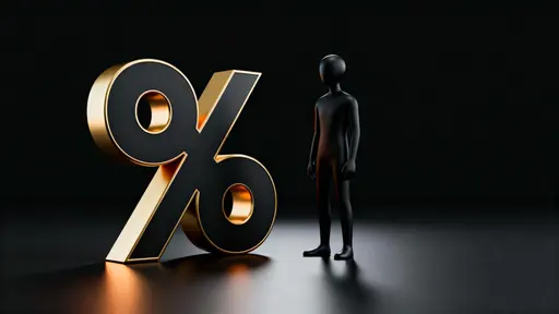 A stylized 3D CGI scene at 16:9 with a matte black faceless character standing right of an oversized sculptural percent symbol, left two-thirds reserved as deep negative space.