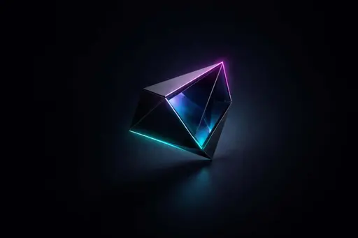 A single matte-black and glass geometric object floats off-center on a deep navy-black desktop wallpaper with magenta-to-cyan rim glow, teal reflections, and soft haze.