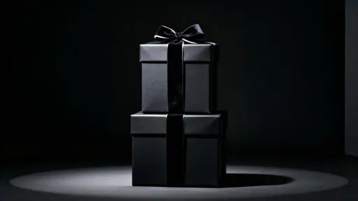 A tall, narrow stack of matte-black gift boxes centered in a 16:9 frame with soft top-down highlights on the knot and upper planes, deep near-black negative space above, and a subtle floor shadow.