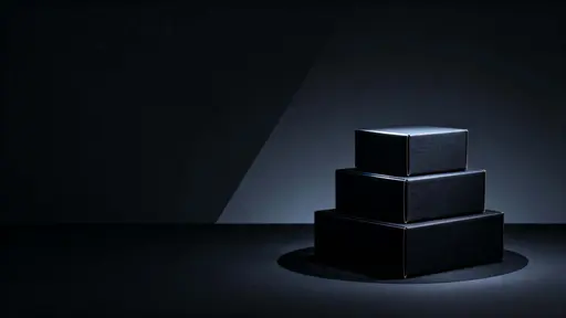 A stack of three matte-black boxes occupies the right third of a 16:9 ultra-wide frame, lit by soft cool side light from the left with thin highlights from #050505 to #141414 and a broad near-black negative space with a diagonal gradient on