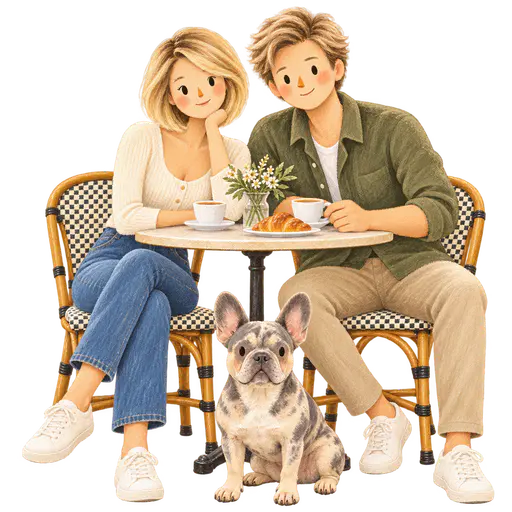 Storybook gouache illustration of a couple with dot eyes and a French bulldog at a cafe table in muted olive and apricot tones