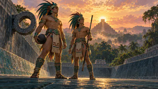 The Maya Hero Twins Hunahpu and Xbalanque, two young athletes in jade belts and feathered headdresses, stand on a stone ballcourt with a ball and a blowgun before a golden pyramid.