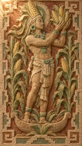 The young Maya Maize God with an elongated head, jade ornaments and long maize silk hair raises a bundle of corn among tall maize stalks in pressed paper pulp relief.