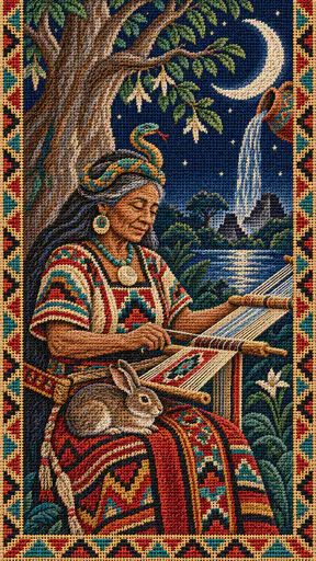 The Maya moon goddess Ixchel with a coiled serpent crown weaves at a backstrap loom with a rabbit on her lap beneath a crescent moon and a ceiba tree in stitched yarn.