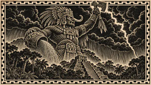 The Maya rain god Chaac, with a long curved nose and fangs, raises a lightning axe over a jungle temple while rain falls from a rolling storm in white line engraving.