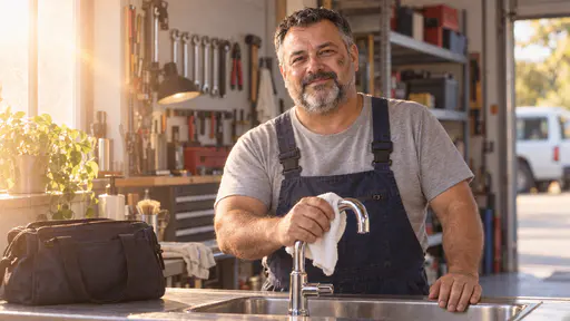 A stocky grey-bearded mechanic in dark blue overalls dries a chrome kitchen tap with a plain white cloth, a tidy closed tool bag beside him and a relaxed satisfied smile, strong low sun laying a golden veil across the scene.