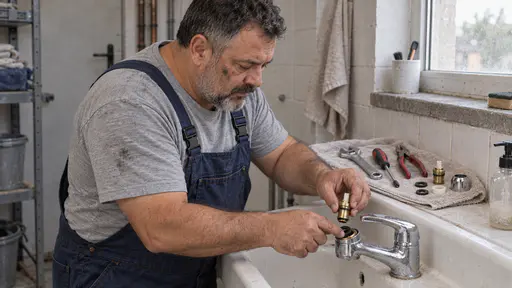 A stocky grey-bearded mechanic in dark blue overalls bends over a white kitchen sink pressing a new black rubber washer into an open tap body with one fingertip and holding the cartridge in his other hand, tools laid in order on a towel behind him.