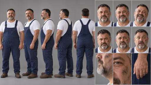 A 16:9 studio character sheet of a mechanic with a short grey beard in dark blue overalls over a white t-shirt and brown work boots, shown in five full-body views, six expressions and three close details.