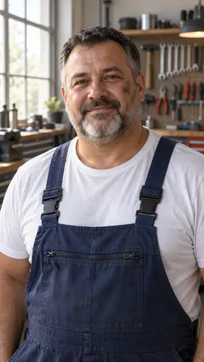A stocky man in his late forties with a round face, a short grey beard, dark hair greying at the temples and a smudge of oil on one cheekbone, in dark blue overalls over a white t-shirt, in a garage workshop with a pegboard of plain tools and a workbench behind.