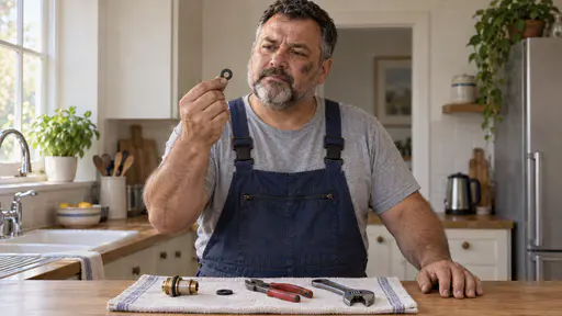 A stocky grey-bearded mechanic in dark blue overalls stands behind a kitchen worktop holding a worn black rubber washer between thumb and finger, a towel in front of him laid with the removed tap cartridge, pliers and an adjustable spanner.