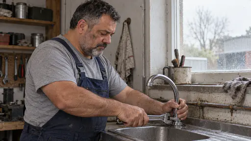 A stocky grey-bearded mechanic in dark blue overalls holds a plain adjustable spanner on the chrome nut at the base of a kitchen tap with one hand and steadies the tap body with the other, his eyes on the joint in overcast daylight.