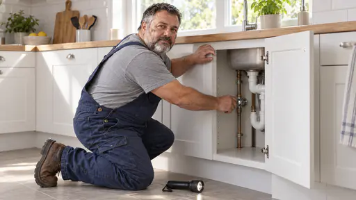 A stocky grey-bearded mechanic in dark blue overalls kneels at the open cupboard under a white kitchen sink turning a small chrome isolating valve on the water pipe with one hand, a torch on the floor beside him in soft window light.