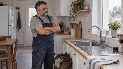 A stocky grey-bearded mechanic in dark blue overalls stands with folded arms and tilted head looking at a dripping chrome kitchen tap over a white sink, a single drop falling and a canvas tool bag open on the floor beside him.