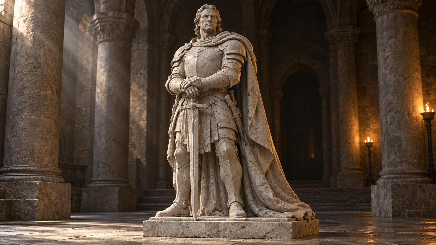 A medieval knight in polished plate armour with a steady piercing gaze grips the hilt of a sword planted before him with a heavy cloak and a stone hall behind.