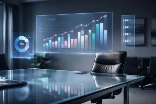 A 3:2 interior photograph of a modern meeting room with translucent holographic charts over a glass table, lit for sleek corporate poster-cover use.