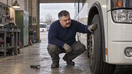 A heavyset mechanic with a wide moustache in a navy sweater and work gloves crouches beside the front tyre of a bus in a workshop bay running a hand along the tread with a hand torch on the ground beside him.