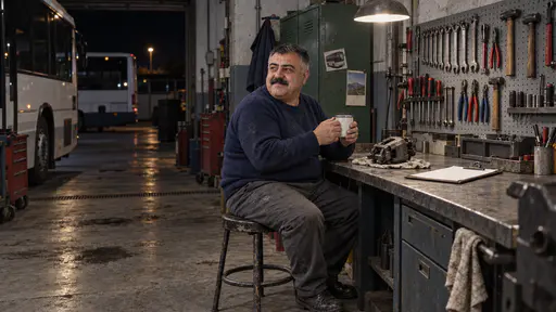 A heavyset mechanic with a wide moustache in a navy sweater sits alone on a stool at a steel workbench holding a mug of tea beside a reassembled brake caliper and a blank clipboard under a single hanging worklamp at night.