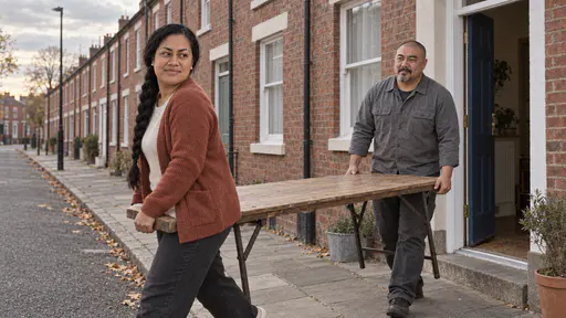 A Samoan woman with a long black braid and a stocky man with a shaved head and a goatee carry a long folding wooden table out through a brick house door onto a quiet terraced street in warm late-afternoon light.