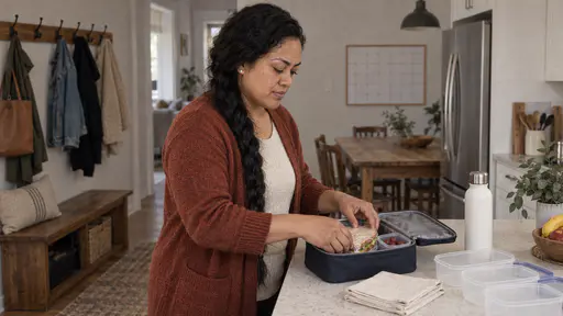 A woman with a long black braid in a rust cardigan packs a plain lunch box with a wrapped sandwich, a small box of grapes and a bottle of water at a kitchen counter beside folded napkins and a row of empty containers in bright light.