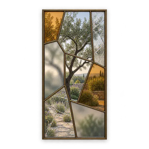 Memory is a patchwork window. A slim aged-bronze window of irregular panes - clear, frosted, amber-tinted and lightly cracked - shows one aligned garden scene with a small tree and stone path; branches continue unbroken across every seam while each pane alters the view differently. Recollection combines fragments with different clarity and texture.