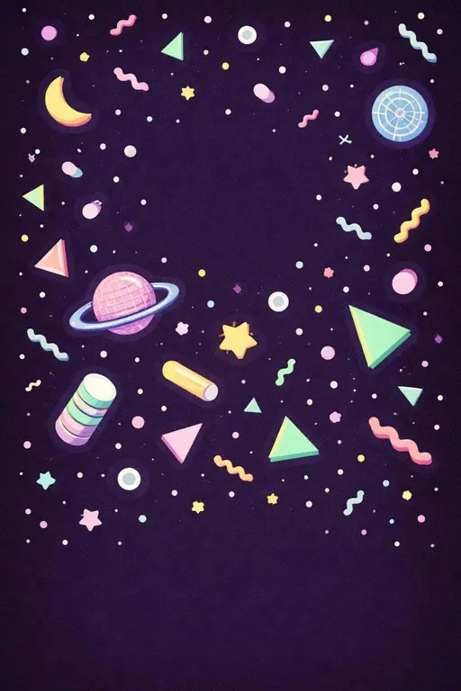 A vertical 2:3 vector illustration of a Memphis-style night sky with pastel geometric motifs drifting across a deep purple field, designed as a poster-cover for modern interiors and prints.