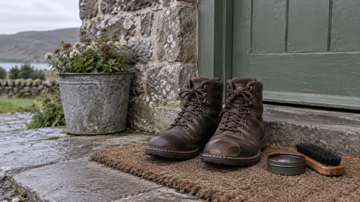A pair of leather walking boots with new stitching on the sole and a small patch on one toe stand side by side on a doormat beside a green front door with a tin of polish and a soft brush in cool morning light.