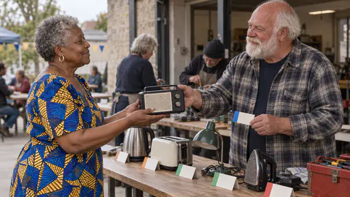 A broad white-bearded man in a checked flannel shirt hands a mended small radio across a collection table to an older woman with short silver-grey curls in a cobalt-blue and mustard wax-print dress who holds out both hands as a row of other mended objects with blank tickets wait behind him.