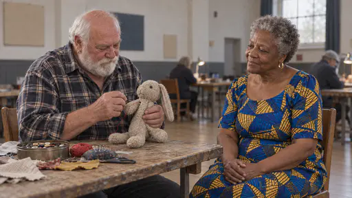 A broad white-bearded man with a bald crown and a gold hoop earring in a checked flannel shirt sews the torn arm of a small stuffed rabbit with red thread and a needle at a repair table while an older woman with short silver-grey curls in a cobalt-blue and mustard wax-print dress watches with clasped hands and a smile.