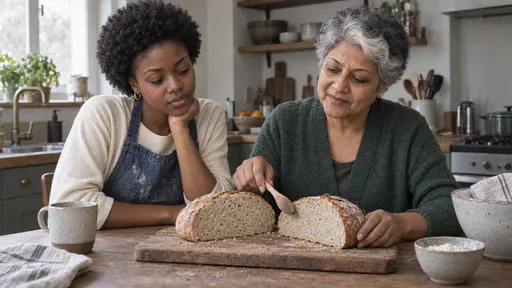 A South Asian woman with short silver-grey hair and a white streak rests a wooden spoon on a board and nods while explaining the dense crumb of a cut loaf to a young woman with a short afro who listens with her chin on her hand in soft window light.
