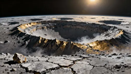 A close, 16:9 study of Mercury’s chaotic terrain showing cracked plains, overlapping impact basins, and sunlit ridges where intense solar light sculpts sharp contrasts and deep shadows across jagged crustal textures.