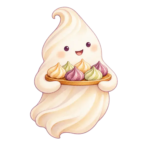 Cute Halloween dessert clipart: a pale cream watercolor meringue ghost with two tiny stubby arms and a gentle smile carries a small tray of mini meringues, painted in soft transparent watercolor with plum, honey and sage accents, isolated on a transparent background for seasonal decor and scrapbooking.