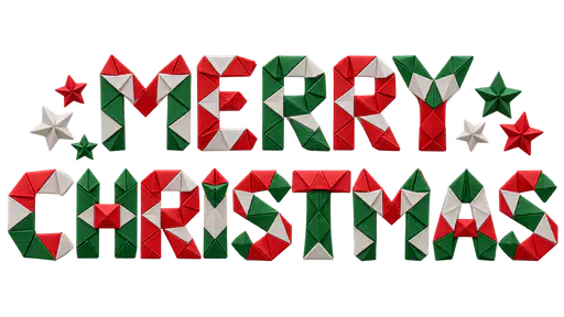 The words MERRY above CHRISTMAS in capital letters built from red, white and forest green folded-paper modules with small folded-paper stars, on a transparent background.