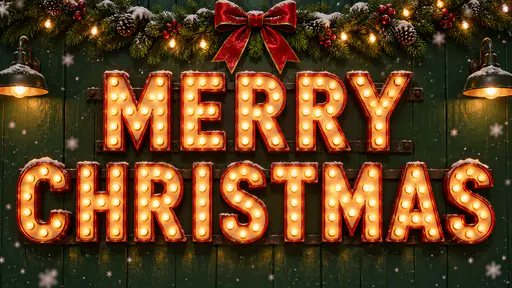 A dark green wooden wall with a marquee sign of the words MERRY above CHRISTMAS in capital letters outlined with warm glowing bulbs on red-edged letters, a snowy pine garland with berries, a red bow and fairy lights above it, two wall lamps and falling snowflakes.