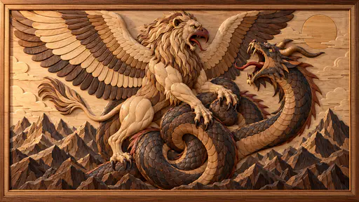 The Mesopotamian lion-headed eagle Anzu with spread wings and a hooked beak grips a horned serpent in battle above a ring of jagged mountains in inlaid wood.