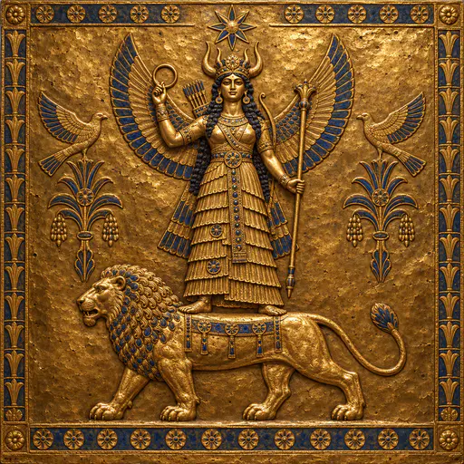 The Mesopotamian goddess Ishtar in a layered flounced robe and horned crown with shoulder wings and arrow quivers stands on a lion below an eight-pointed star in hammered gold.
