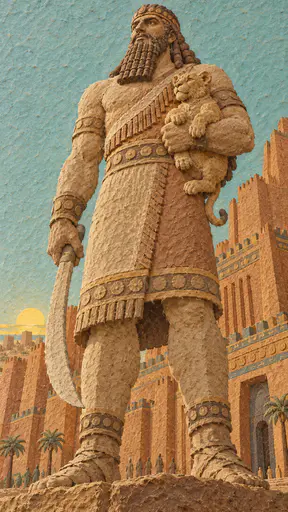 The Mesopotamian hero king Gilgamesh, a bearded man with braided hair, holds a lion cub and a curved blade before the great brick walls of Uruk in pressed paper pulp relief.