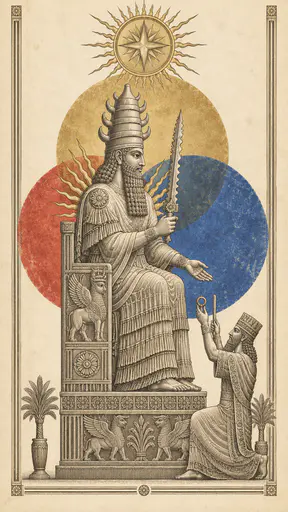 The Mesopotamian sun god Shamash sits enthroned with a long beard, a horned crown, shoulder rays and a saw-toothed blade below a sun disc with gold, red and blue discs in fine engraved lines.