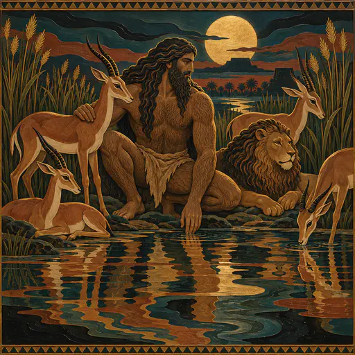 The Mesopotamian wild man Enkidu with long hair crouches at a waterhole among gazelles and a lion at dusk under a low golden moon in nested cut lacquer layers.